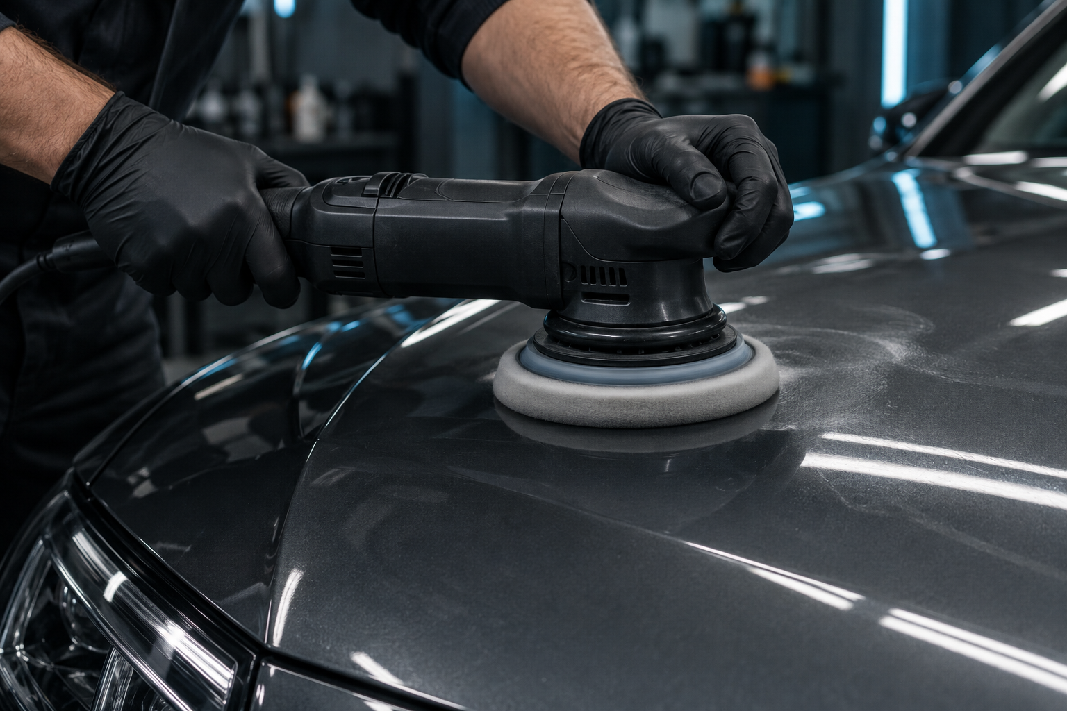 KI-Symbolbild: Poliermaschine bei der Arbeit auf einer Motorhaube