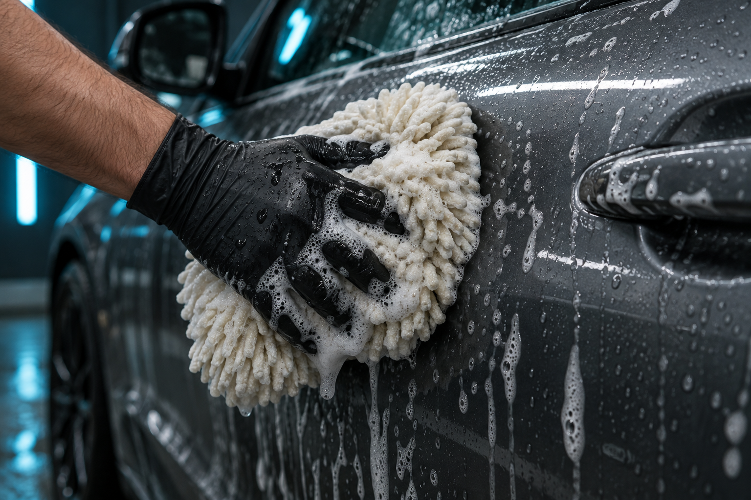 KI-Symbolbild: Waschhandschuh mit Schaum bei der Fahrzeugreinigung